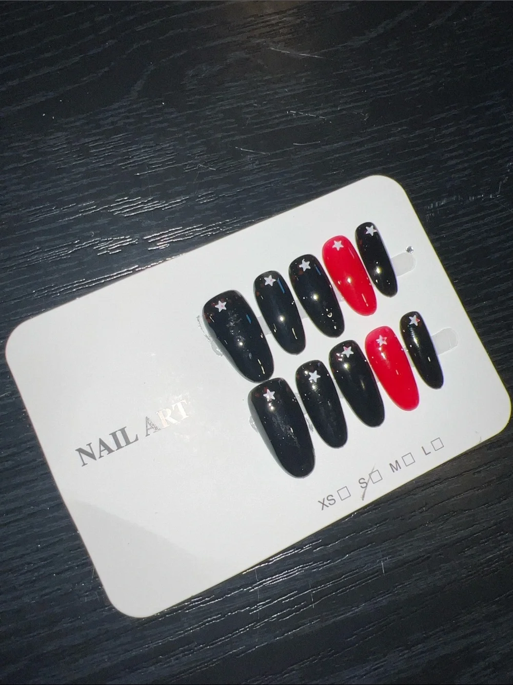 Nail Art False Nails Set - Black & Red Star Accent